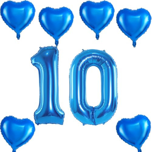 XXL Folienballon 10 Geburtstag, Folienballon Zahl 10, Zahl 10 Blau, Luftballons 10, Nummer 10 Luftballon Blau Junge Mädchen, 40 Geburtstagsdeko Ballon 10 (10)