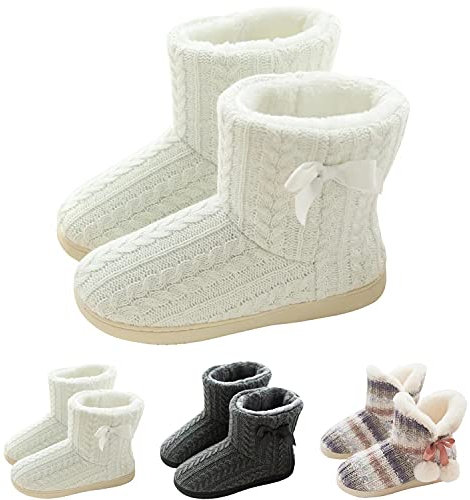 GURGER Hausstiefel Damen Plüsch Hausschuhe Hohe Hüttenschuhe Gefüttert Warm Winter Pantoffeln Strick Slipper Feste Sohle für Frauen Weiß Gr. 43 44