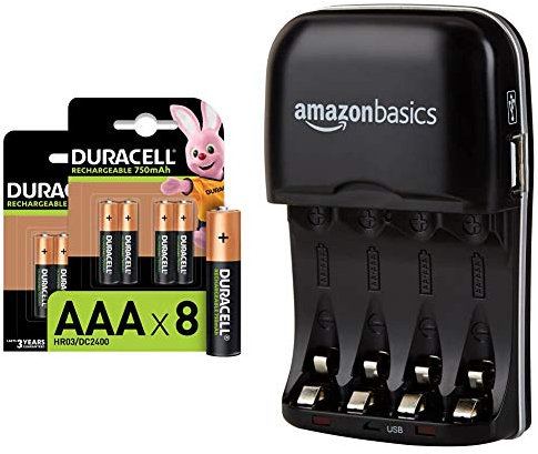 Duracell Rechargeable AAA 750 mAh Batteries, Pack of 8 (Amazon Exclusive) & Amazon Basics Ni-MH AA & AAA Battery Charger With USB Port