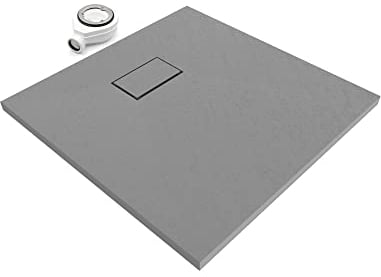 SMC BOREAL Duschwanne 80x80 cm, Extra Flache Und Robuste Duschtasse 26MM Mit Anti-Rutsch-Oberfläche In Schieferoptik/Steinoptik - Grau, Inkl. Ablaufgarnitur Mit Deckel