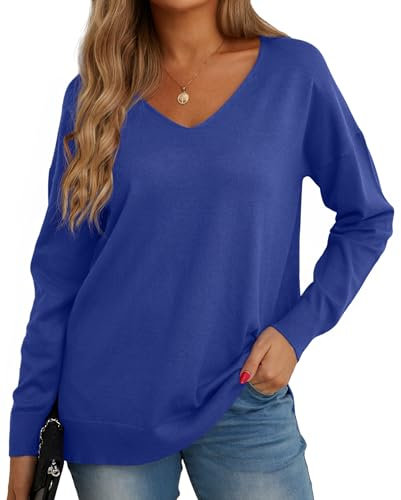 GRECERELLE Women's Casual Jumpers Sweatshirt Ladies Classic Plain Pullover Knit V Neck Long Sleeve Jumper Tops Blouse T-Shirt for Winter Fall Spring (15 Royal Blue, XL)