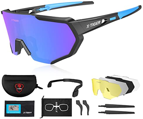 X-TIGER Fahrradbrille, Herren Damen Sportbrille, UV400 mit 5 Wechselgläser,Starker TR90 Frame, mit Montierbarem Brillenband & Ohrhaken, Outdoor-Sport/Radfahren/Laufen/Autofahren/Angeln/Golf