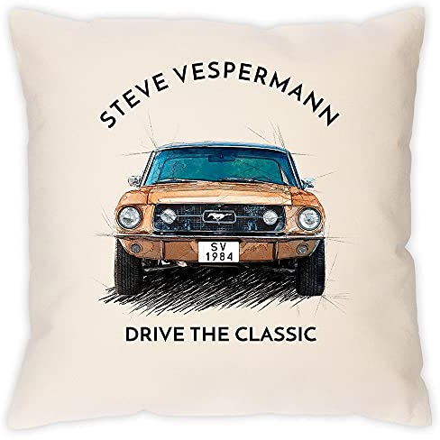 Maverton Kissen mit Aufdruck - 100% Baumwolle - Leinen-Optik - Kissenbezug + Kisssenfüllung - Männergeschenke - Geschenk für Autoliebhaber - Farbe: Natur - Mustang
