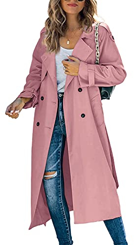 Makkrom Damen Zweireihiger langer Trenchcoat Winddicht Klassisch Revers Slim Mantel mit Gürtel, 01 Rosa, X-Large