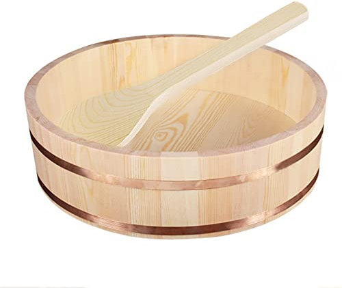 WSHA Wooden Widen Sushi Rice Tub with Shovel, Japanese Hangiri Sushi Rice Mixing Bowl Bucket, for Home Restaurant Kitchen Serving Accessory,55cm
