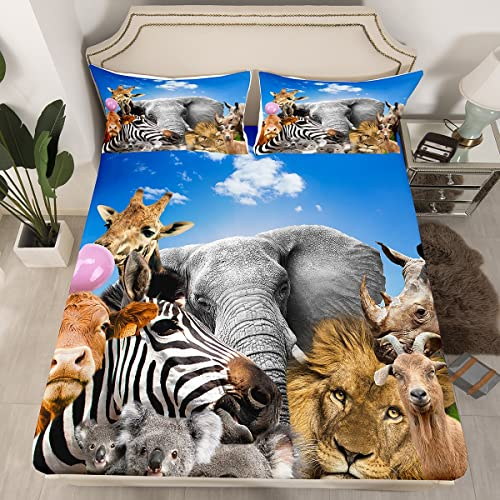 Wildtiere Spannbettlaken 140x200cm Afrikanische Safaritiere Spannbetttuch Für Kinder Niedliche Karikatur Kuh Zebra Elefant Giraffe Löwe Bettlaken Set Tierwelt Dekor Zoo Tier Kein flaches Blatt