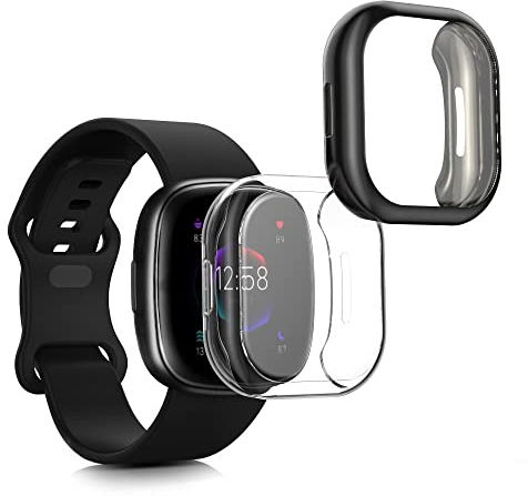kwmobile 2X Schutzhülle kompatibel mit Fitbit Versa 4 / Sense 2 Hülle - Fullbody Cover Set aus Silikon - Schwarz Transparent