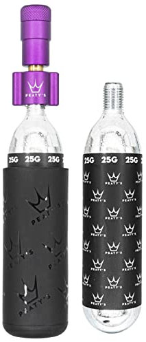 Peaty's Holeshot CO2 Inflator - Reifenfüller Fahrrad mit 2 x 25g CO2 Kartusche, Aufblaskopf und Frostschutzhülle, Fahrradpumpe Alternative zur Luftpumpe, Geeignet für Presta-Ventile, MTB, Violett