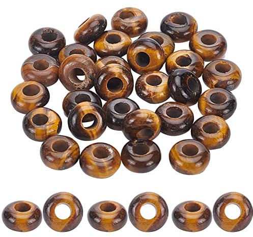 NBEADS 30 Stück europäische Edelsteine, 10 mm natürliches Tigerauge, Stein, 4 mm, großes Loch, Dreadlock-Perlen, lose Scheibe, Abstandshalter, Haarperlen, für Charm-Armbänder, Schmuckherstellung