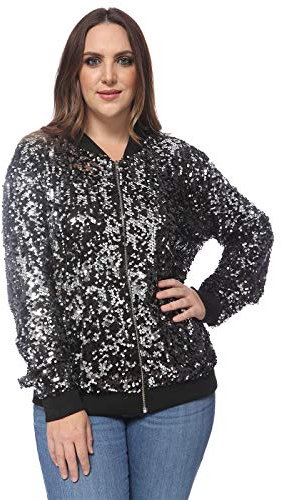 ANNA-KACI Damen Plus Size Glitzernde Langarm Reißverschluss Pailletten Bomber Jacke,Schwarz,4X-Large