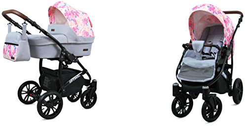BabyLux Optimal 2-in-1 Baby Kinderwagen Tief und Kinderwagen mit Zubehör Verstellbar und faltbar Aluminium Konstruktion Wasserdicht Nicht abnehmbare Räder Peony And Rose Black Frame