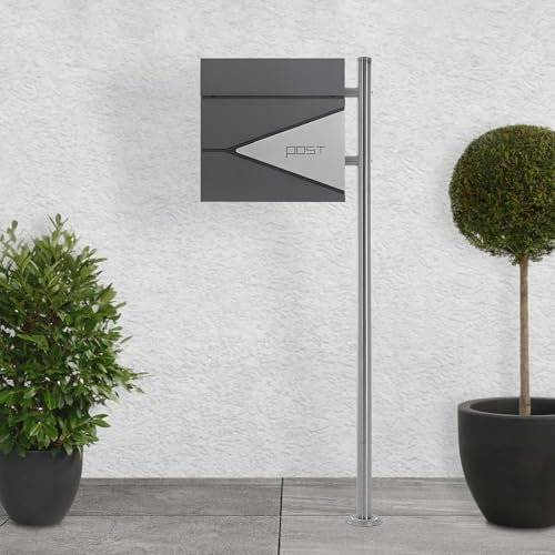 ECD Germany Standbriefkasten mit Zeitungsfach, Design Briefkasten mit Pfosten, Briefkastenanlage, Briefkastenständer Silber 120 cm Edelstahl, Postkasten Anthrazit-Silber Edelstahl pulverbechichtet