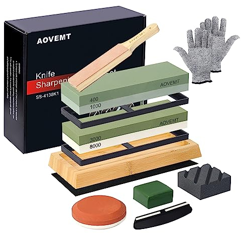 Aovemt Messerschärfstein-Set, Schleifstein, grob bis poliert, 4-seitig, Körnung 400/1000, 3000/8000, Nassstein, Axt-Schleifstein, Leder-Streichband, Abflachstein, etc.