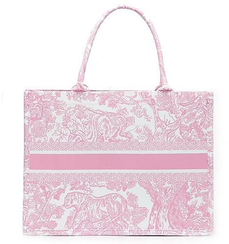 FENGJINRUHUA Mode Luxus Einkaufstasche Baumwolle Leinen Handtasche Große Kapazität Jacquard Stickerei Retro Exquisite, A-rosa, Large, Frauen Tote
