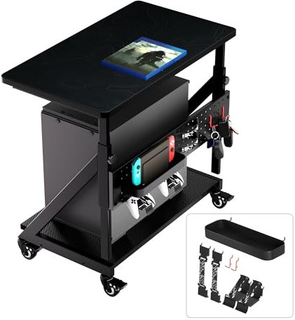 JWX Gaming Computer Tower Stand, 5-Step Height Adjustment Side Desk & Side Table with Power Organize, 2-Tier Case CPU Holder Gift Cart with Rolling Wheels, Upgrade Storage Kit *7 & Mouse Pad, Black