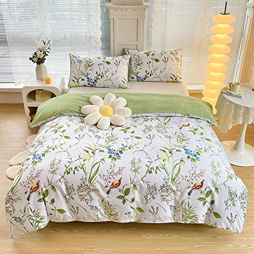 YASMENG Bettwäsche 220x240 Weiß Grün Blumen Blätter Muster Bettwäsche Bunt Floral Vogel Aesthetic Wendebettwäsche Weich Mikrofaser Bettbezug Set 3 Teilig mit Reißverschluss und 2 Kissenbezüge 80x80 cm