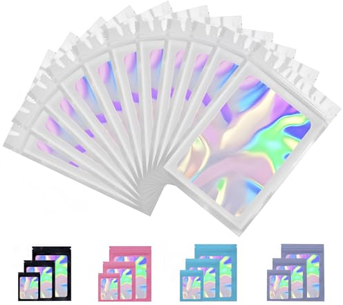 Rimiko 50 Stück Druckverschlussbeutel Aluminiumfolie mit Reißverschluss und Transparentem Fenster, Zip Folien Mylar beutel, Wiederverschließbare Tasche (Weiß Holographische, 8x13cm)