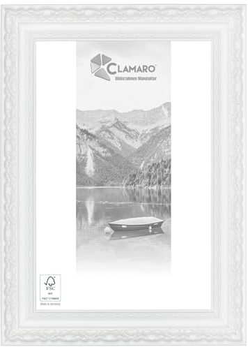 CLAMARO 'OTTO' Bilderrahmen Antik 100x140 Massivholz | Weiss matt | 80 mm breite Shabby Chic Vintage Barock Leiste | Holzrahmen inkl. Acrylglas, Rückwand, Metall Aufhänger
