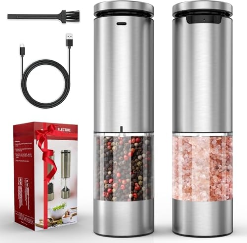Electric Salt and Pepper Grinder Set, Zirzoe USB Rechargeable Salt and Pepper Mills Stainless Steel with Ceramic Grinder, Adjustable Coarseness, LED Light, One-Handed Automatic Operation