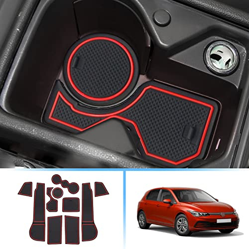Coleya Alfombrillas Antideslizantes Compatible con VW Golf 8 MK8 2020-2024, Alfombras de Goma para Consola Central, Ranuras de Puerta, Portavasos, Apoyabrazos, VW Golf 8 Alfombrillas (Rojo)