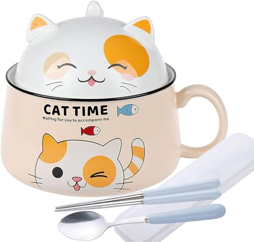 Becailyer Ramen Bowl With Lid - 34.5 OZ Cute Cat Instant Noodle Microwave Cooker With Chopsticks & Spoon, Ceramic Handle for Salad, Soup, Vegetable, Fruit, Pasta, Dessert, Cereal (Yellow)