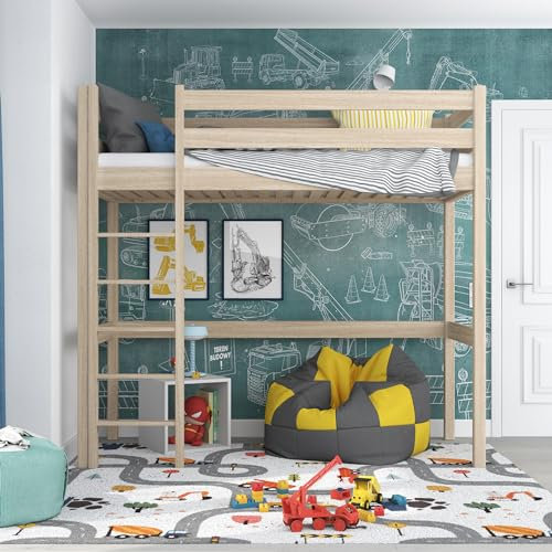 N-wood N05 Hochbett, Etagenbett 90x180 cm, aus Eichenholz, 2 Leitermontageseiten: Links oder rechts, Stabile Massivholzkonstruktion, inklusive Lattenrost, Skandinavischer Stil, gebleichtes Eichenholz