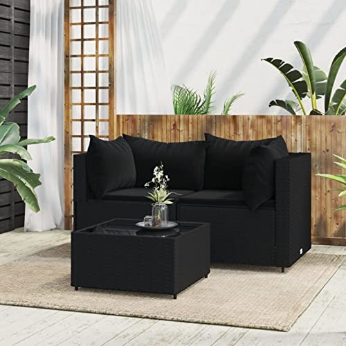 NITCA 3-TLG. Balkon Lounge Rattan Ecksofa Klein Schwarz, Balkonmöbel Mit Kissen (2x Eckteil + Tisch)