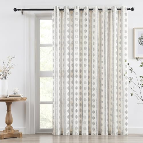 Melodieux Durchsichtige Vorhänge mit Boho-Streifenmuster, Leinenstruktur, für Schlafzimmer, Wohnzimmer, lichtfilternde Ösen, Fenstervorhang, 254 x 213 cm, Grau auf Beige (1 Panel)