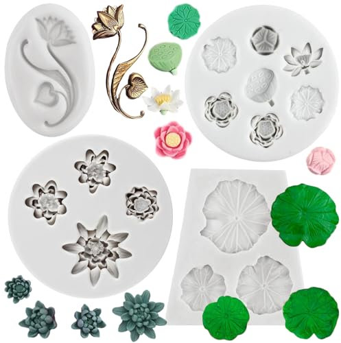 MYPRACS Lotusblume Silikonformen Lotusblatt Fondant Form Lilie Pad Silikonformen für Kuchen Dekorieren Cupcake Topper Schokolade Süßigkeiten Polymer Clay Gum Paste Set von 4