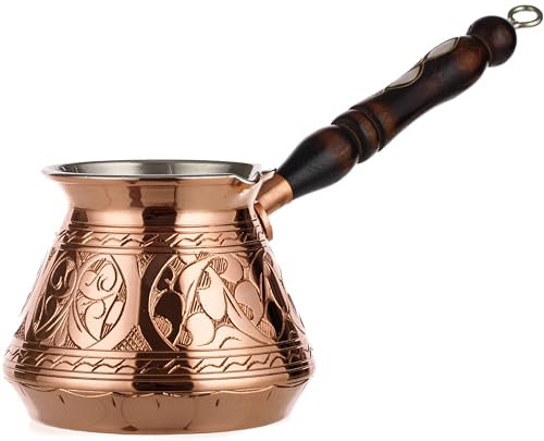 DEMMEX Dickste Kupfer-Kaffeekanne, türkisch, griechisch, arabisch, Herdplatte, Cezve Ibrik Briki mit Holzgriff und Löffel, handgraviert (Kupfer, 425 ml)