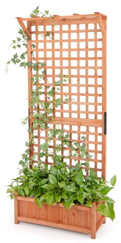 RELAX4LIFE Jardinière avec Treillis 180 cm, Lit de Jardin Surélevée en Bois Sapin, Bac à Fleurs d'Extérieur avec Trous de Drainage pour Plantes Grimpantes Fleurs dans Jardin Terrasse Balcon