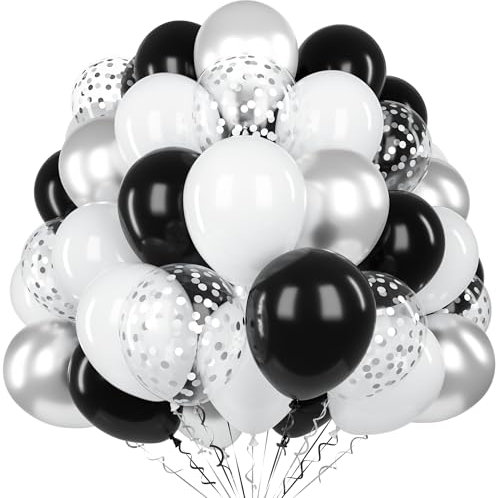 Schwarze Weiße Luftballon, 60 Stück 12 Zoll Matte Schwarz Weiß Silber Latex Ballon Set mit 2 Bändern und Konfetti Ballons für Geburtstag Hochzeit Jubiläum Verlobung Abschlussfeier Party Deko