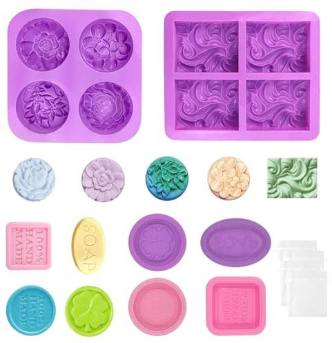 6Pcs Flower Homemade Soap Mould Set, Reusable Rectangle & Rounded Silicone Soap Molds, 4 Cavity Soap Silicone Mould Set with Storage Bags for DIY Cakes