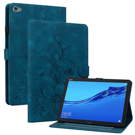 Rosbtib Hülle für Huawei MediaPad M5 LITE 10/ C5 (10,1 Zoll), Multi-Winkel Betrachtung Kunstleder Schutzhülle mit Kartenfächer Cover Lilien-Muster, Blau