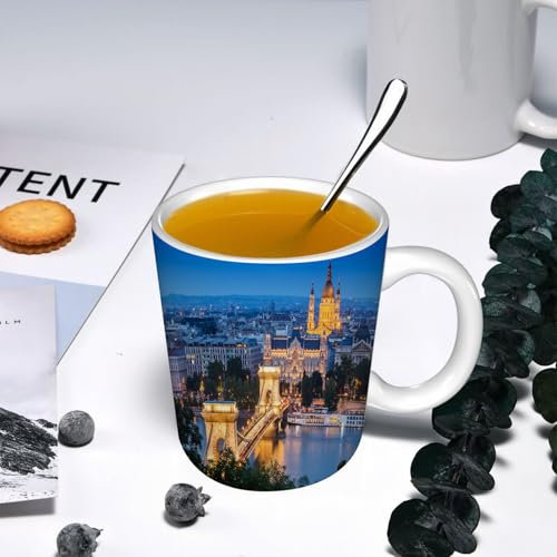 YOIUE Tasse aus Keramik - Große 11oz Tassen 330ml Kaffeetassen mit Henkel, 100% Handbemalt - Trinkgläser mit Griff - Weiß,Blick auf die Innenstadt von Budapest über die Donau, wunderschöne Stadtlands