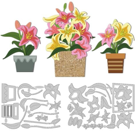 DELORIGIN Fustelle da taglio in vaso di gigli, bordi per carte di fiori, stencil da taglio a punto, stencil per goffratura, stencil per fai da te, artigianato, carta, album di carte, decorazioni