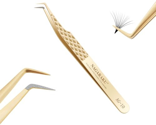 NAGARAKU Precision Fiber Tip Tweezer for Eyelash Extensions Diamond Grip Anti-Static Anti-Slip Premium Stainless Steel Pointed Volume Eyelashes Boot Tweezers Supplies with Box(80 Degree Tweezer AG-10)