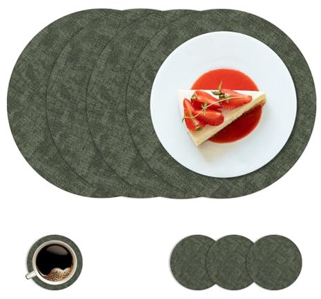 Syrads Manteles Individuales y Juego de Posavasos de 4, manteles de Mesa Redondos Impermeables de Cocina tapetes de café para Cocina Comedor Restaurante,Verde