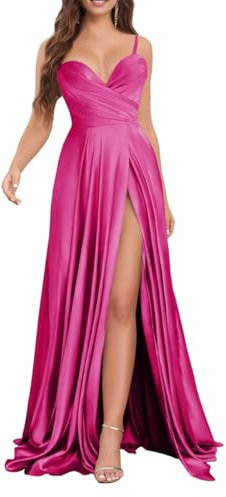 SAYNO Vestido de dama de honor plisado con hombros delgados y cuello en V para mujer, con abertura alta, sin mangas, vestido formal de invitada, fucsia, 46