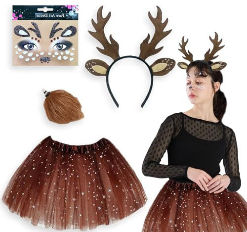 Xiujuers Rentier Kostüm Damen, Reh Kostüm Mädchen con Geweih Haarreif und Gesichtsaufkleber, Rehkitz, Hirsch für Cosplay, Karneval