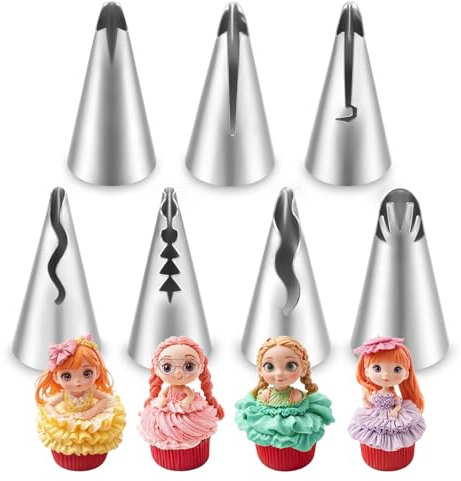 Piriuuo 7 Stück Tüllen Profi, Wiederverwendbar Spritztüllen Set Tüllen für Spritzbeutel Professionelle Spritztüllen Set Backzubehör für Gebäck Edelstahl Aufsätze für Kuchen, Torten, Keksen-Dekoration