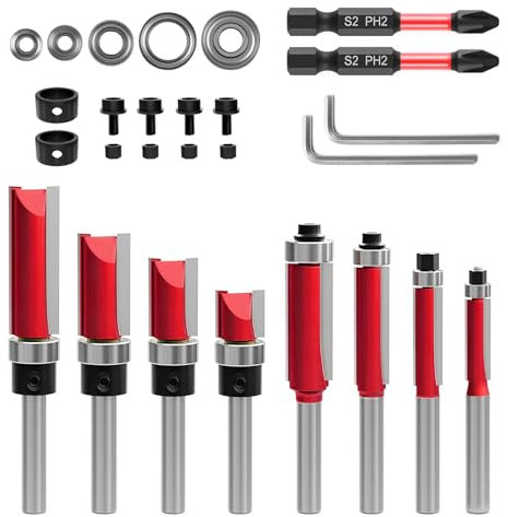 VIRIECH 10 pièces Fraises à affleurer avec 2 embouts magnétiques à percussion, 6 roulements, 2 clés, Set de fraises à affleurer à tige de 8mm, Mèches en Carbure pour Bricolage et Usinage
