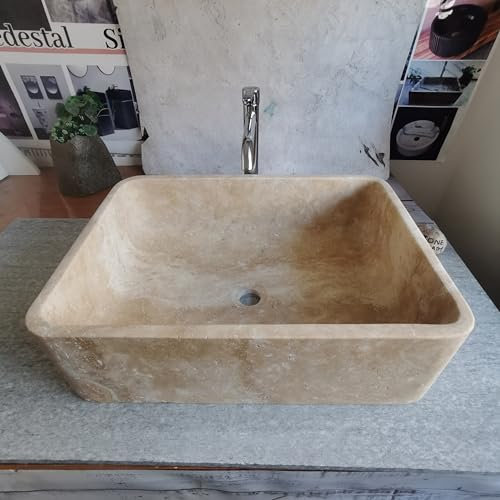 Fregadero rectangular de piedra de travertino, 23.6 x 17 x 7.1 pulgadas, color beige, acabado mate