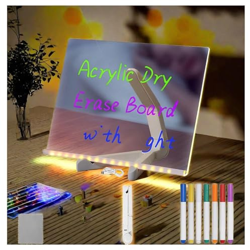 Hazomeu Tablette LED Acrylique avec 7 Stylos Néons et Support Réglable Lanche à Dessin LED Essuyable Tablette Lumineuse Dessin,15x15cm
