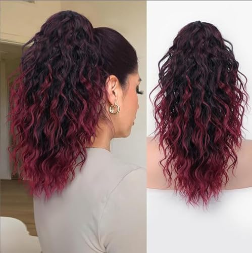 Greenmirr Pferdeschwanz Verlängerung Klaue Clip 18In (Ombre Red) | Fluffy Lockige Synthetische Haarteil