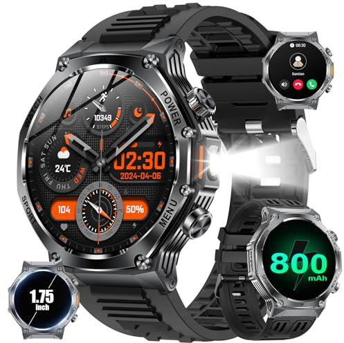 Smartwatch Herren mit Telefonfunktion, 1.75''Großes Display/800mAh Großer Akku/LED Taschenlampe/5ATM Wasserdicht Militär Fitness Tracker 110+ Sportmodi Outdoor Sportuhr für Android/iOS 2 Armbänders