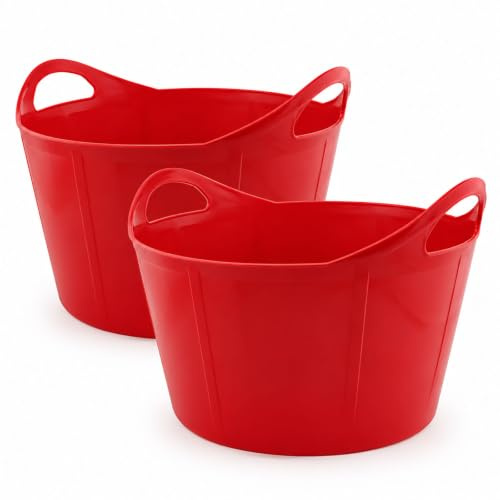 Flexischale 15 L – 2er / 3er Set – robuste Kunststoffschale mit Griffen | flexibel & leicht | Futtereimer, Wäschekorb, Gartenschale | einfarbig pro Set (Rot, 2er)