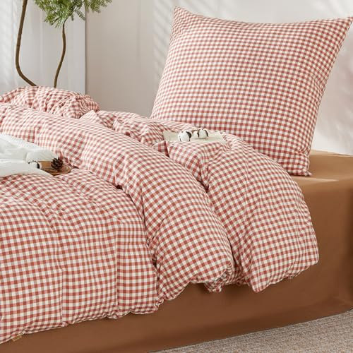 SAPHREAS Bettwäsche 155x220 Baumwolle Gewaschene Kariert 2teilig, Geometrisch Karomuster Bettwäsche Sets Oeko-Tex Zertifiziert Bettbezug mit Reißverschluss, Ziegelrot
