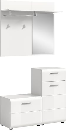 xonox.home - Garderobenkombination Ice 4 teilig 98x191x35 cm in Korpus weiß und Front weiß Hochglanz - Garderobenschrank Garderobenset Flurmöbel-Set Flursystem Stauraumlösung