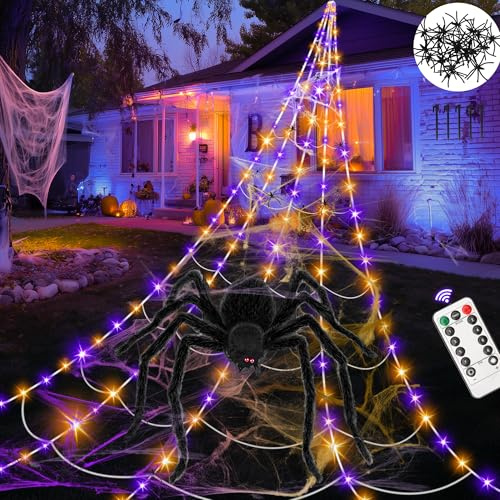 5M Spinnennetz Halloween Deko Außen, 150 LED Riesen Spinnennetz Leuchtend mit Fernbedienung, 1,5 M GroßE Spinne, 8 Lichtmodi &Timer, für Halloween Deko Hof Garten Party (Lila + Orange)